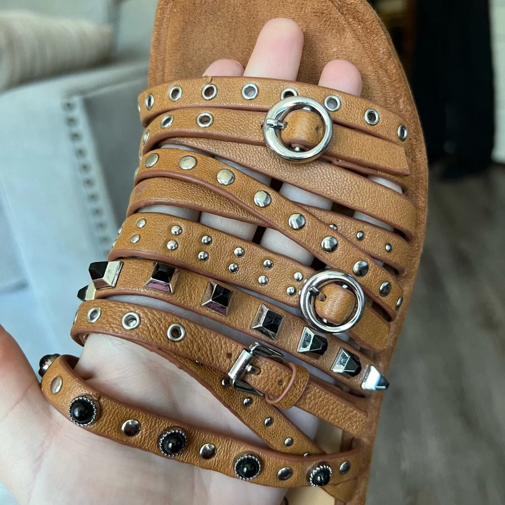 Free People Tan Brown Studded Platform Slide Sandals